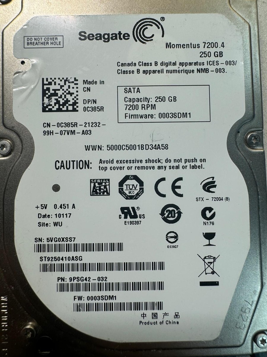 Seagate Momentus ST9250410ASG 250GB 7.2K SATA 2.5" Laptop Hard Drive 0C385R