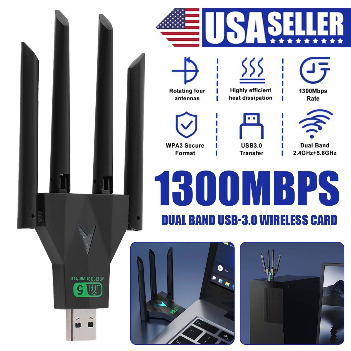 New 4-Antenna 1300Mbps Dual Band USB 3.0 Wifi  Wireless Network Card for PC