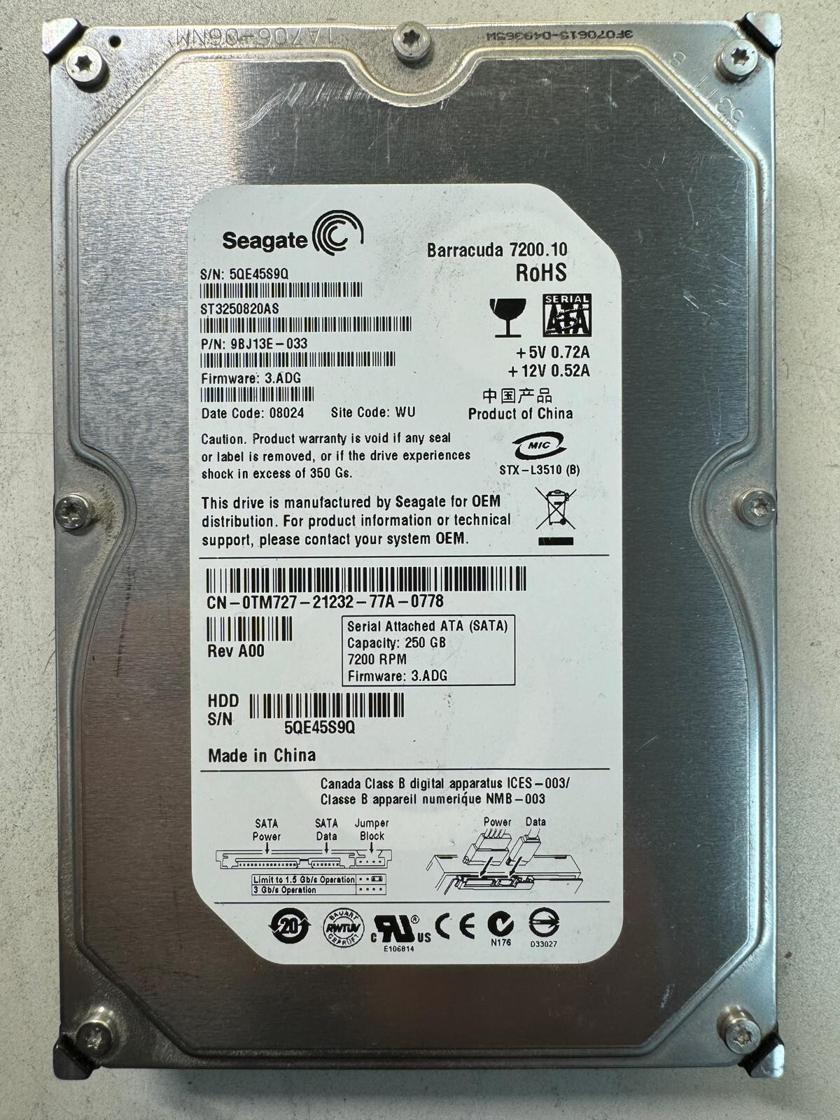 SEAGATE ST3250820AS 9BJ13E-033 250GB Firmware 3.ADG Date Code 08024 SATA 3.5"