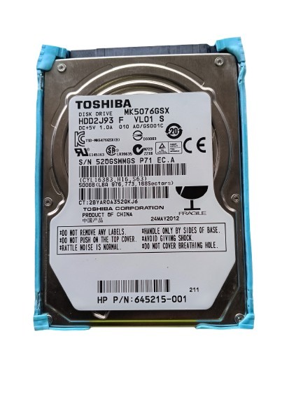 Toshiba MK5076GSX, A0/GS001C, HDD2J93 F VL01 T,  500GB SATA 2.5'' Laptop Drive 