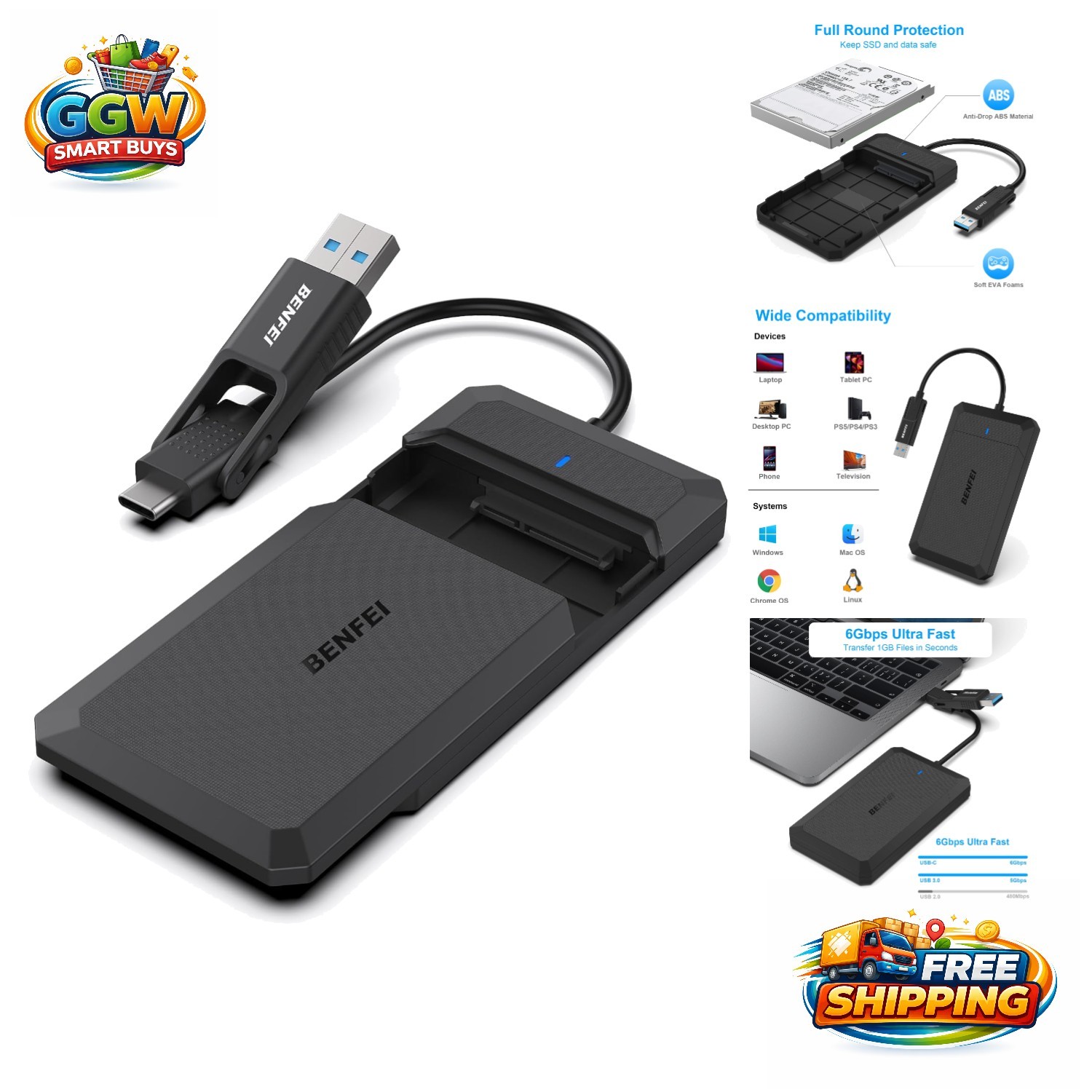 Elegant 2.5 Inch SATA to USB Tool-Free External Hard Drive Enclosure - 6TB