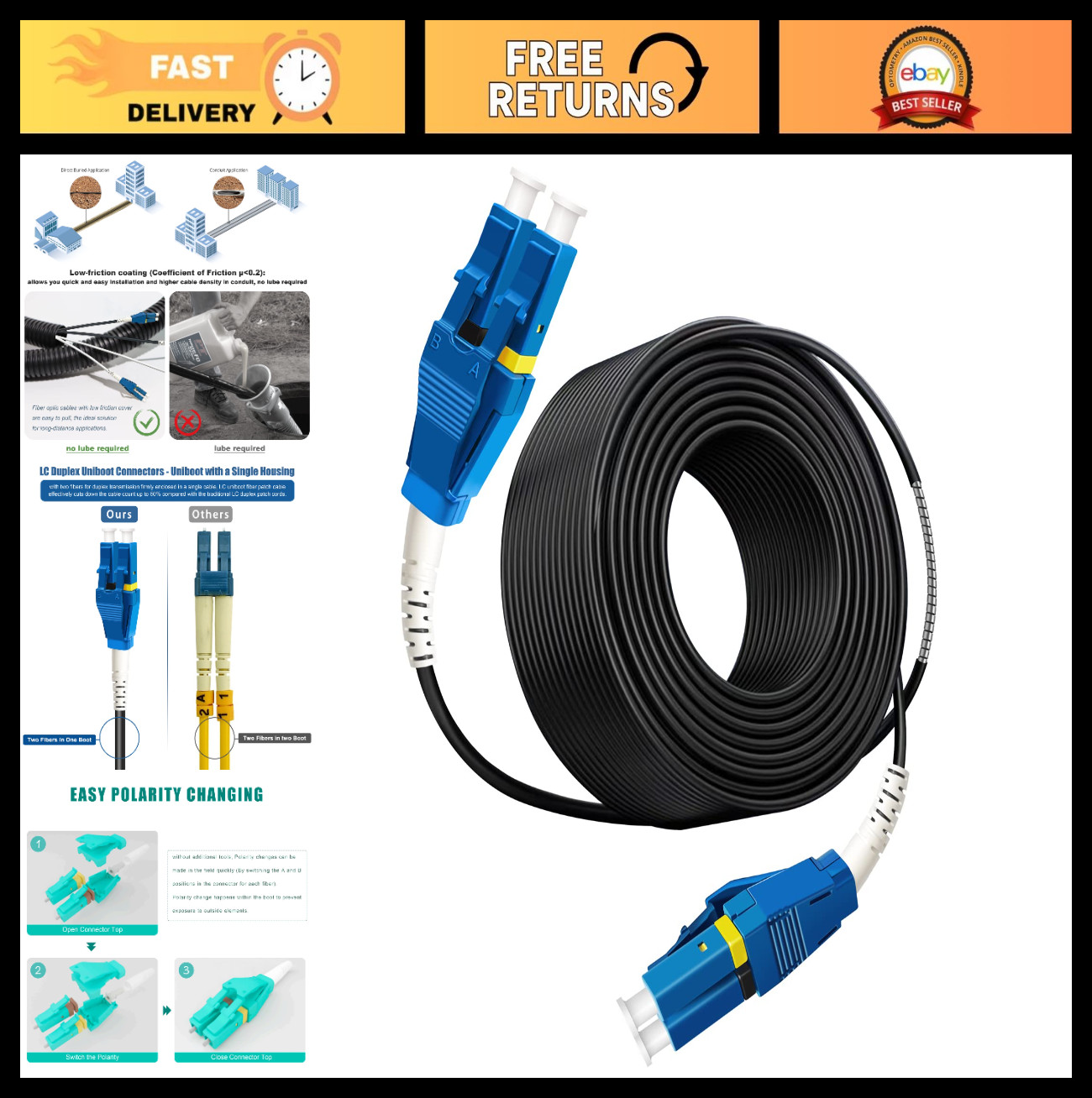 100ft Outdoor Armored Fiber Patch Cable LC to LC, Single Mode Duplex Jumper 9/12