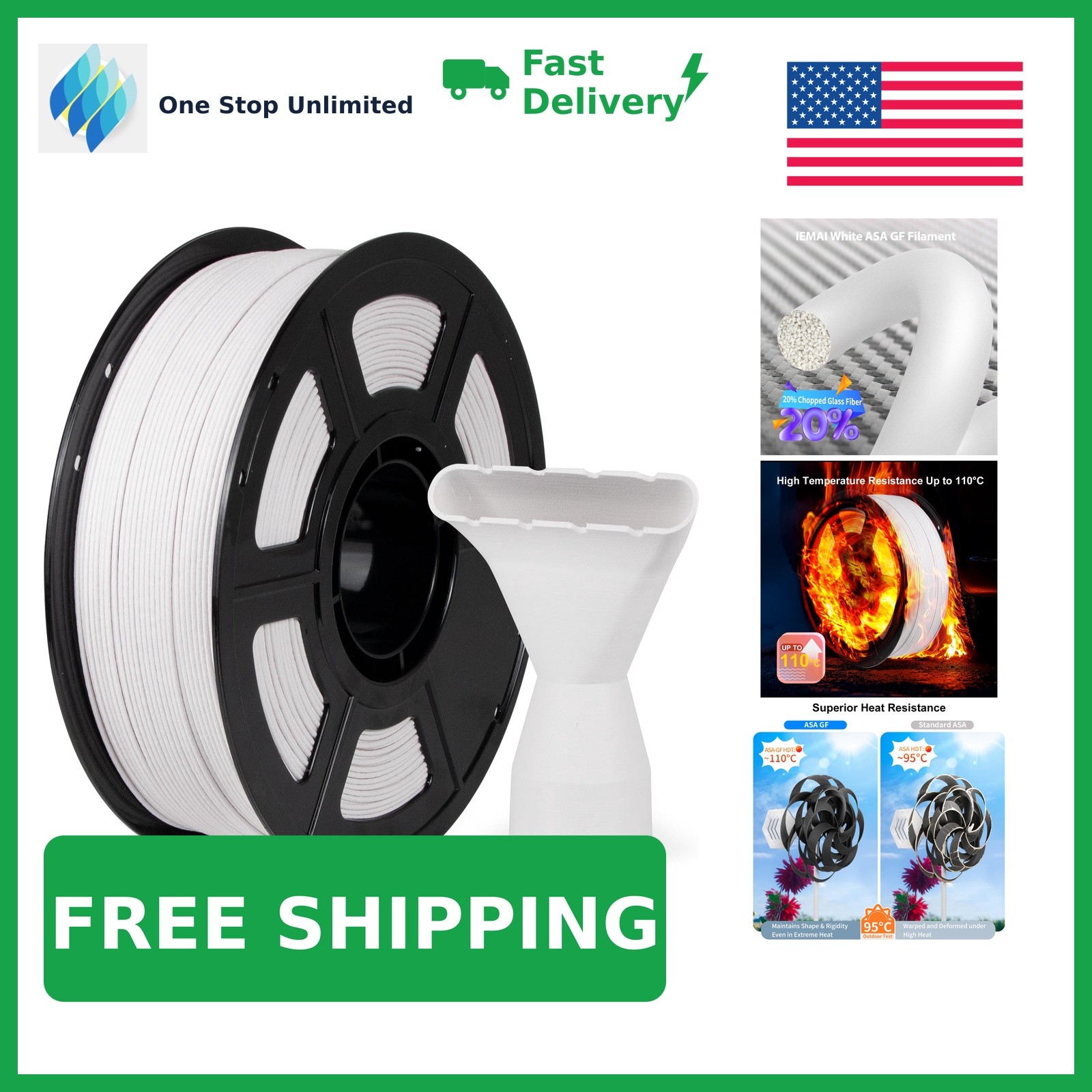 IEMAI Glass Fiber ASA Filament, 1.75mm, 1kg, Matte White, ASA-GF