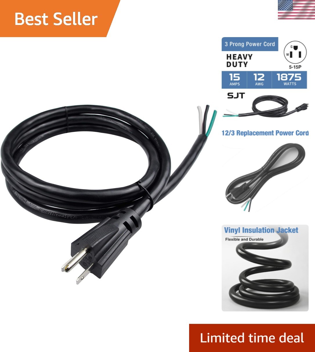 6ft 12 Gauge 3 Prong Heavy Duty Replacement Power Supply Cord Cable 110V 115V...