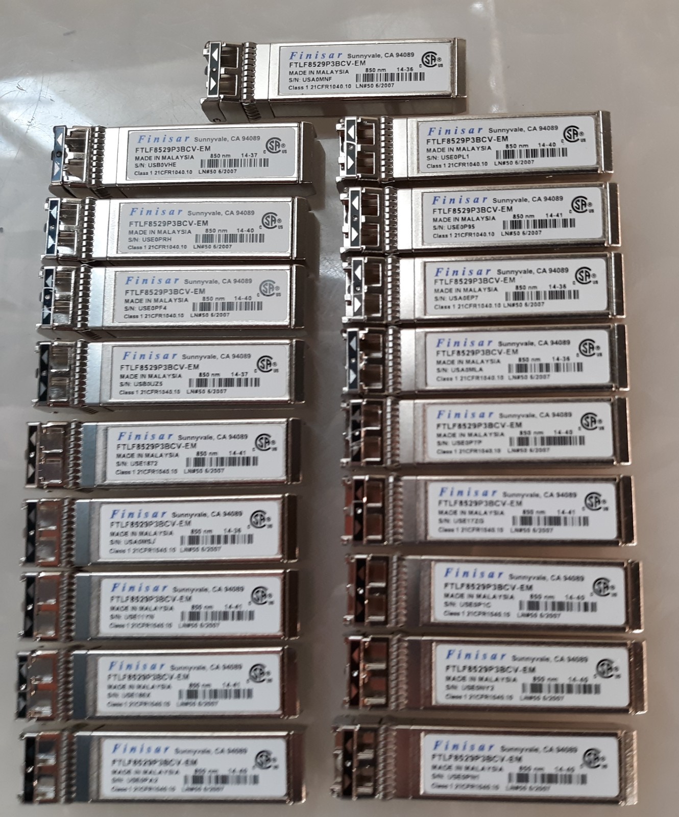Lot of 19 Finisar FTLF8529P3BCV-EM 850NM 16GB SFP+ Transceivers