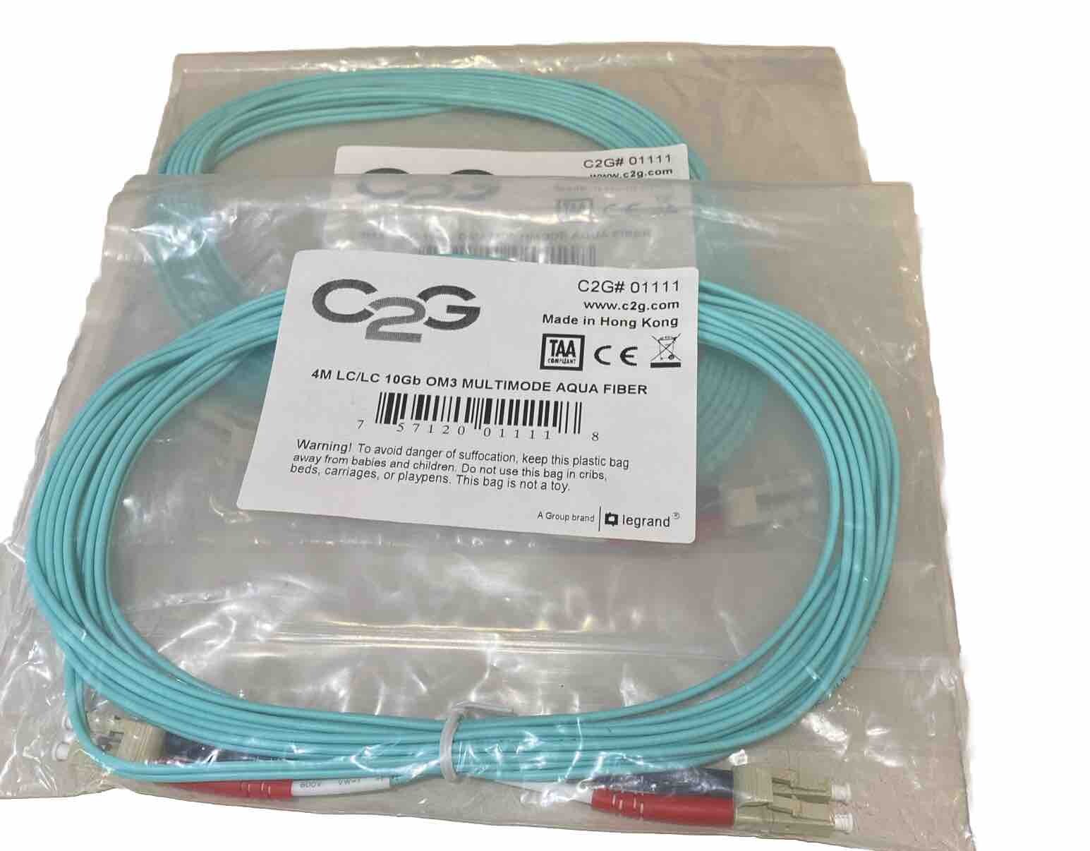 Lot of 2 C2G  4M LC/LC 10Gb OM3 Multimode Aqua Fiber Cable Cord