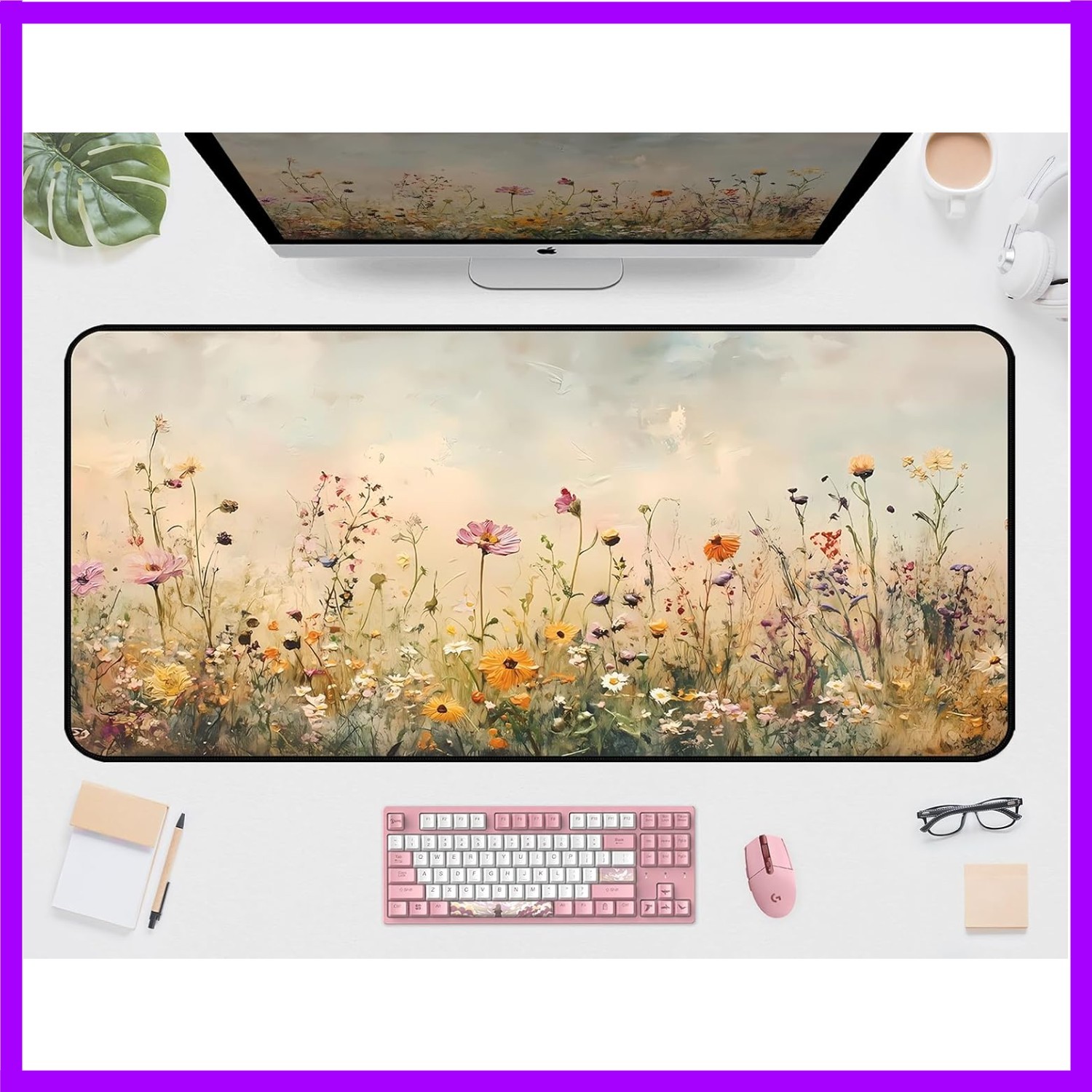 Beige Watercolor Flower Desk Mat, Oil Painting Style Desk Matt, Plant Flower ...
