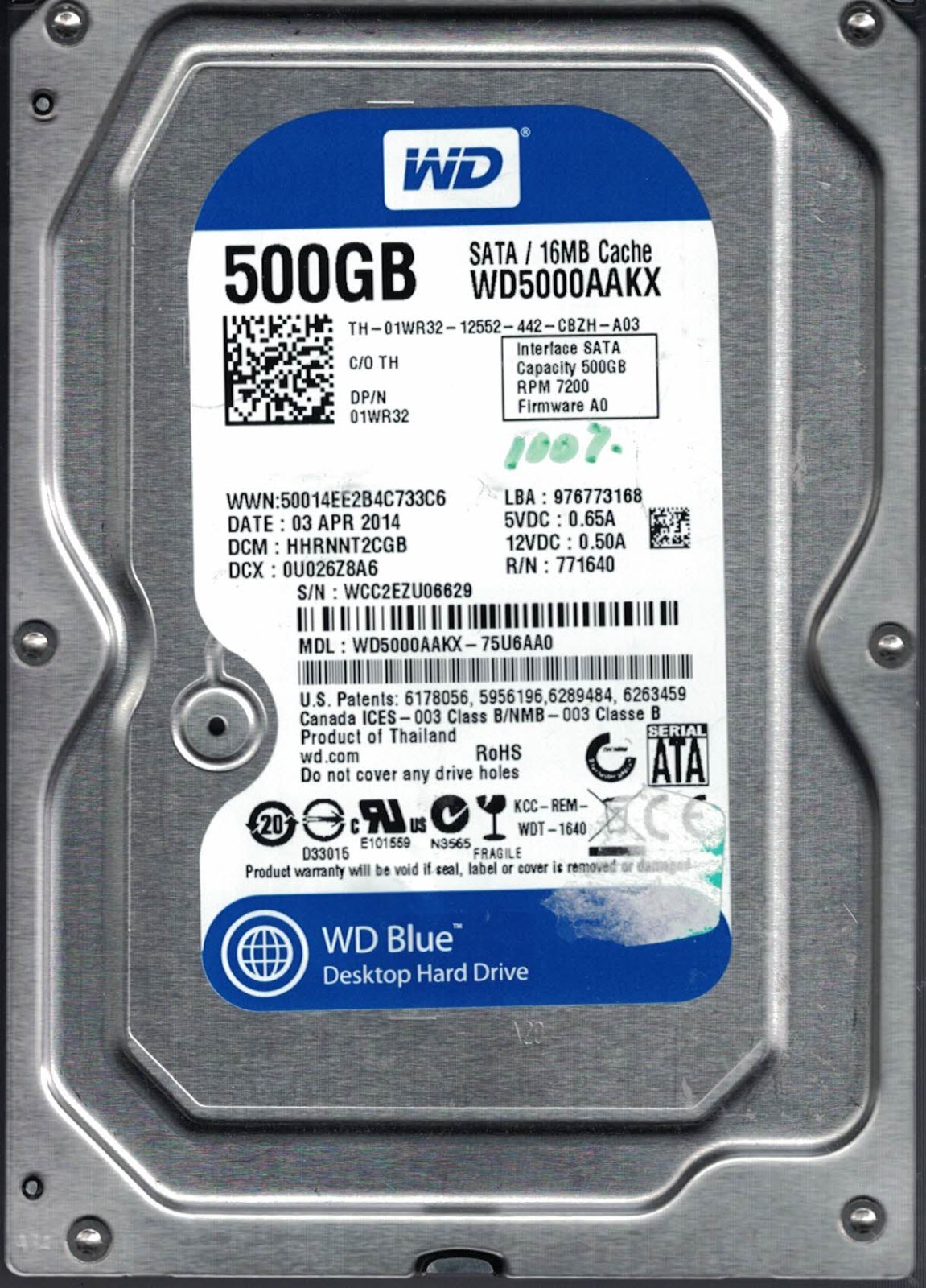 Western Digital WD5000AAKX-75U6AA0 03 Apr 2014 DCM HHRNNT2CGB
