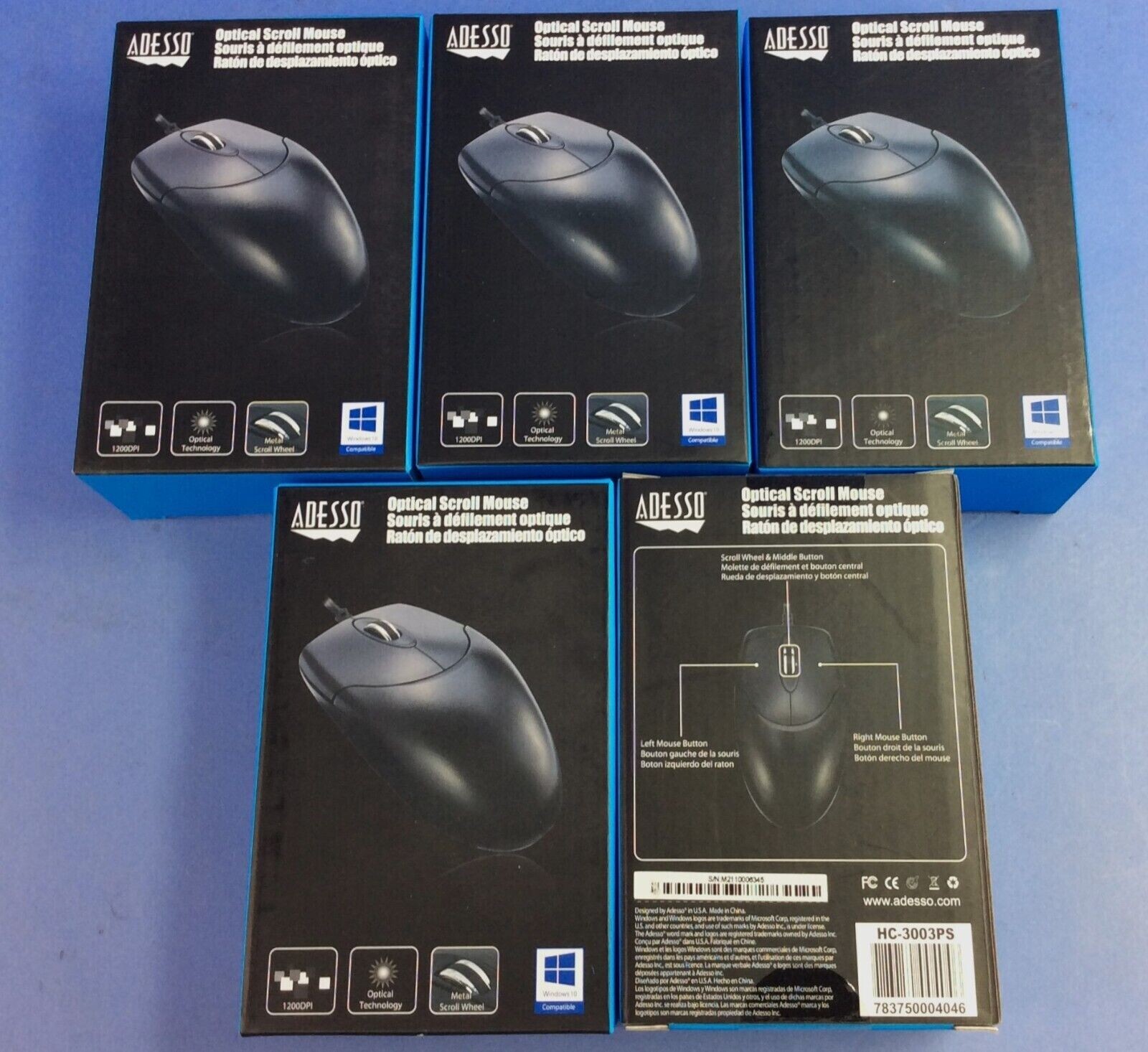 Lot of 5 - ADESSO PS/2 Black 3-Button Optical Scroll Mouse PN: HC-3003PS - NEW