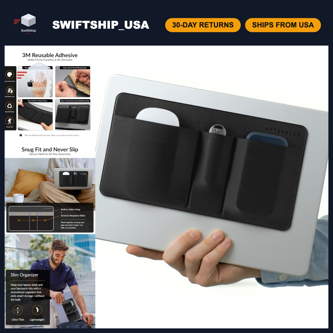 3-Pocket Laptop Mouse & Hard Drive Holder, Adhesive Storage Pouch Organizer