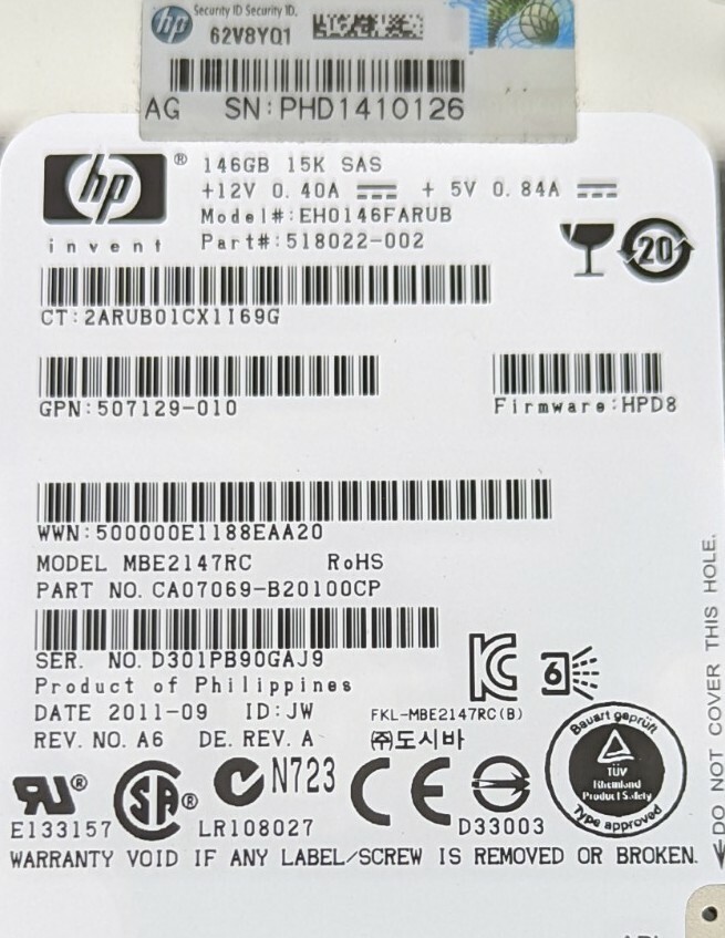 HARD DRIVE HP EH0146FARUB 146GB SAS 2.5" 15K