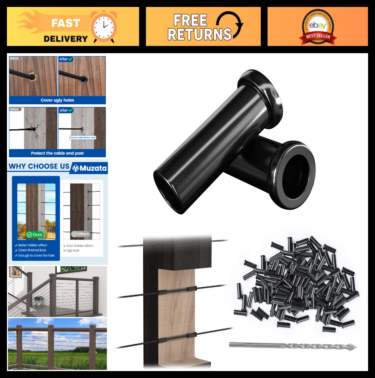100 Pack 1/8" Black Cable Railing Protector Sleeves - T316 Stainless Steel Deck