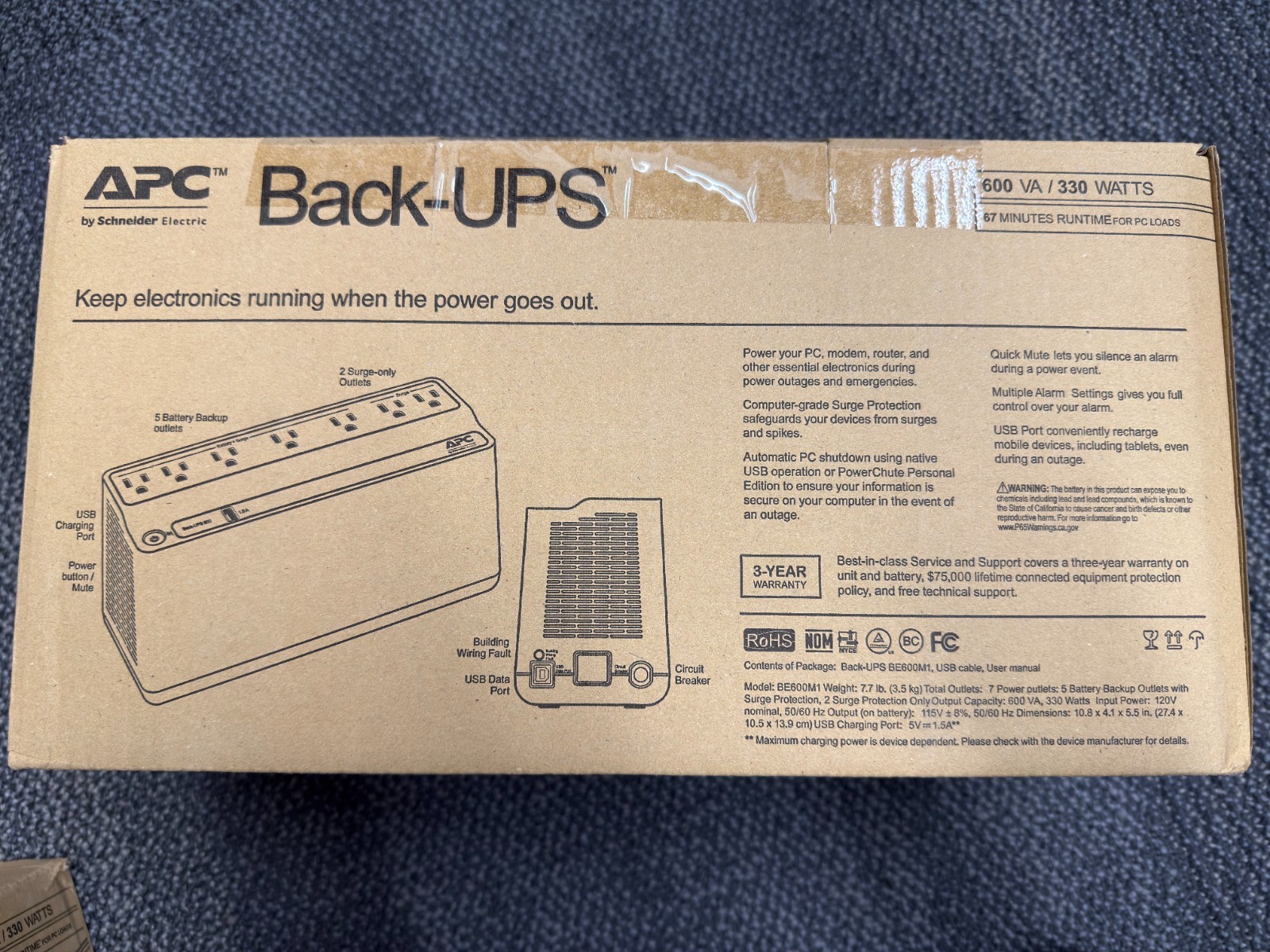 APC BE600M1 600VA 120V Backup Battery Power Supply with 1 USB New Sealed