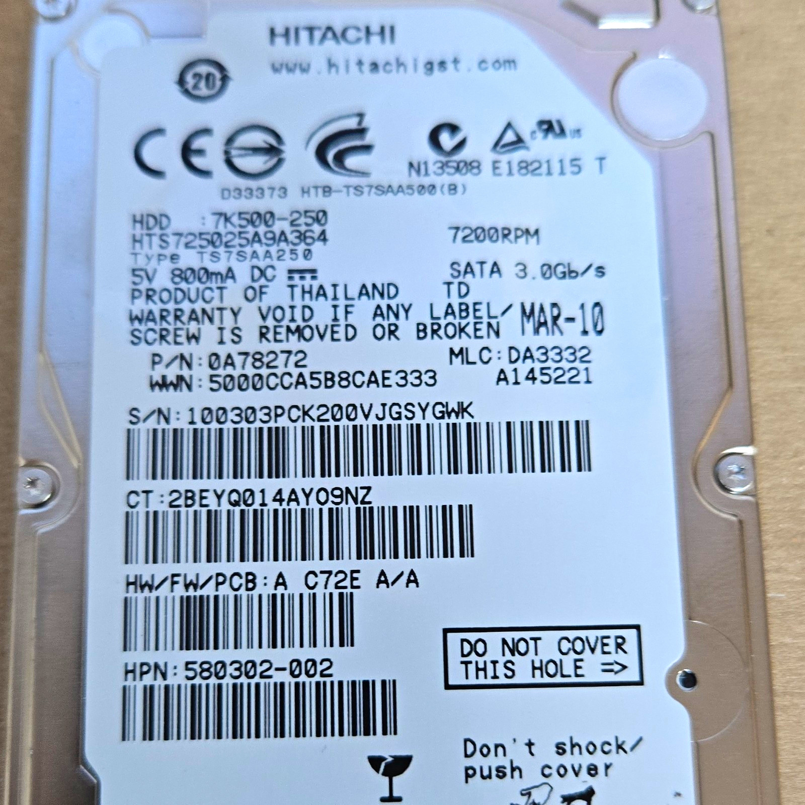 Hitachi Travelstar HTS725025A9A364 250GB 2.5" SATA II 7200RPM 16MB 0A78272