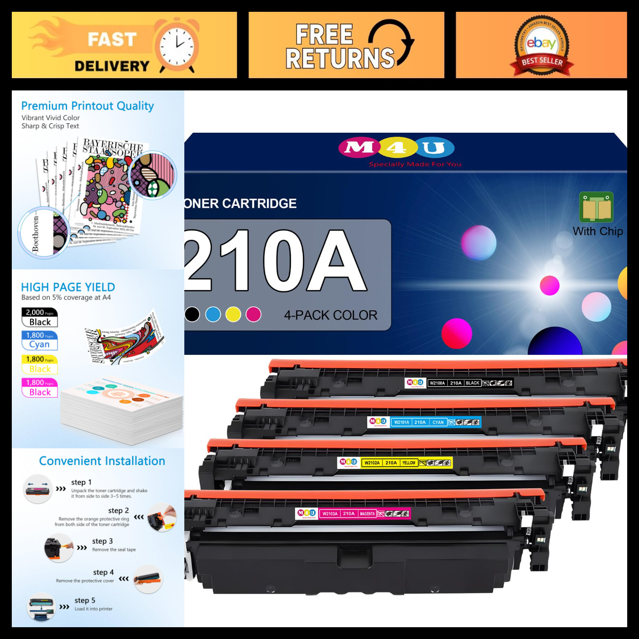 210A Toner Cartridges 4 Pack Compatible for Color Laser Printers - Black, Cyan,