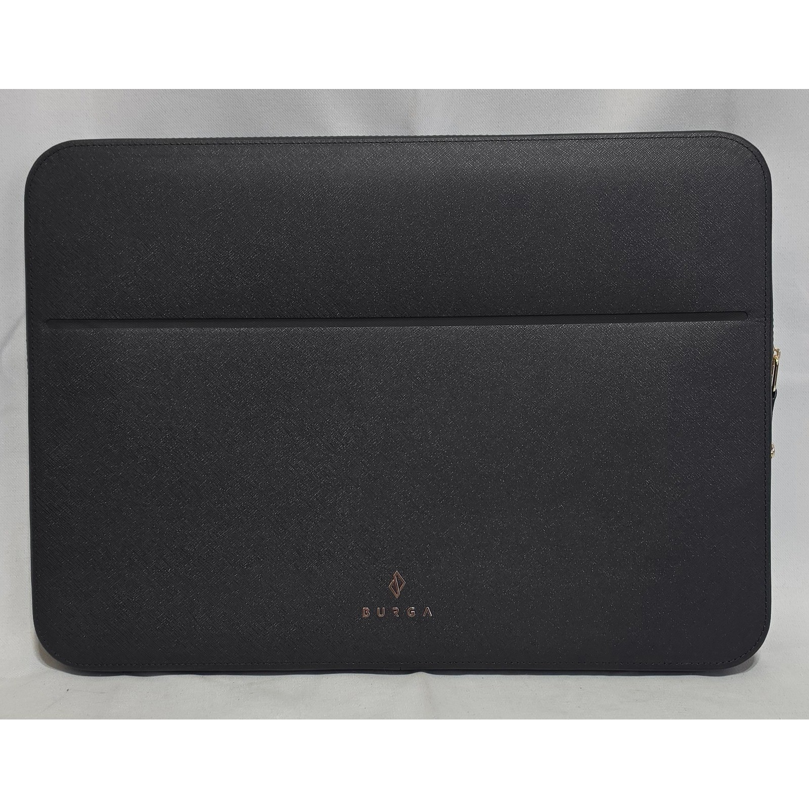 Burga Black Saffiano Vegan Leather Plaid Laptop Sleeve Gold Zipper Slim Pocket