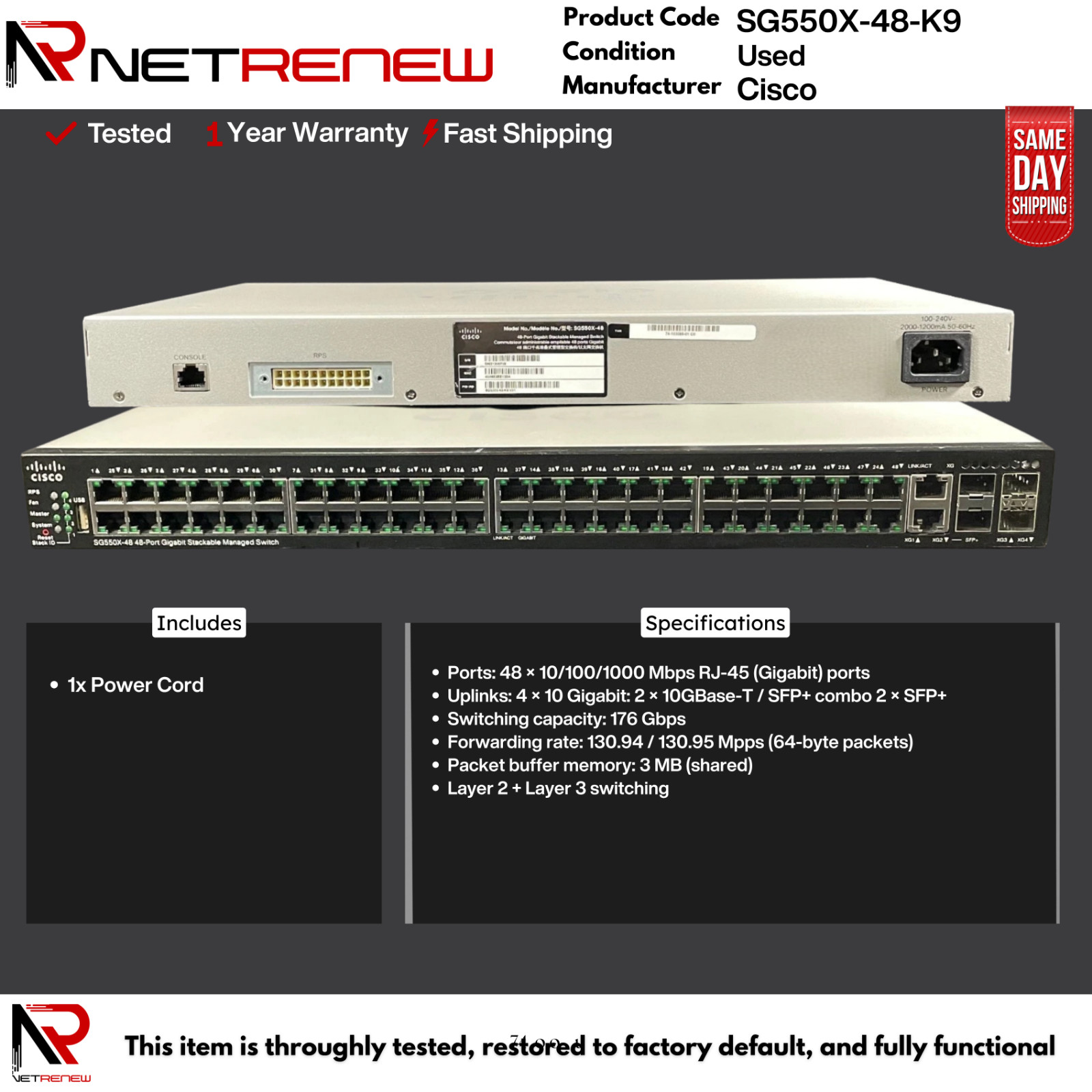 Cisco SG550X-48-K9  Gigabit Ethernet  Switch 48 Port 4x10GE SFP+
