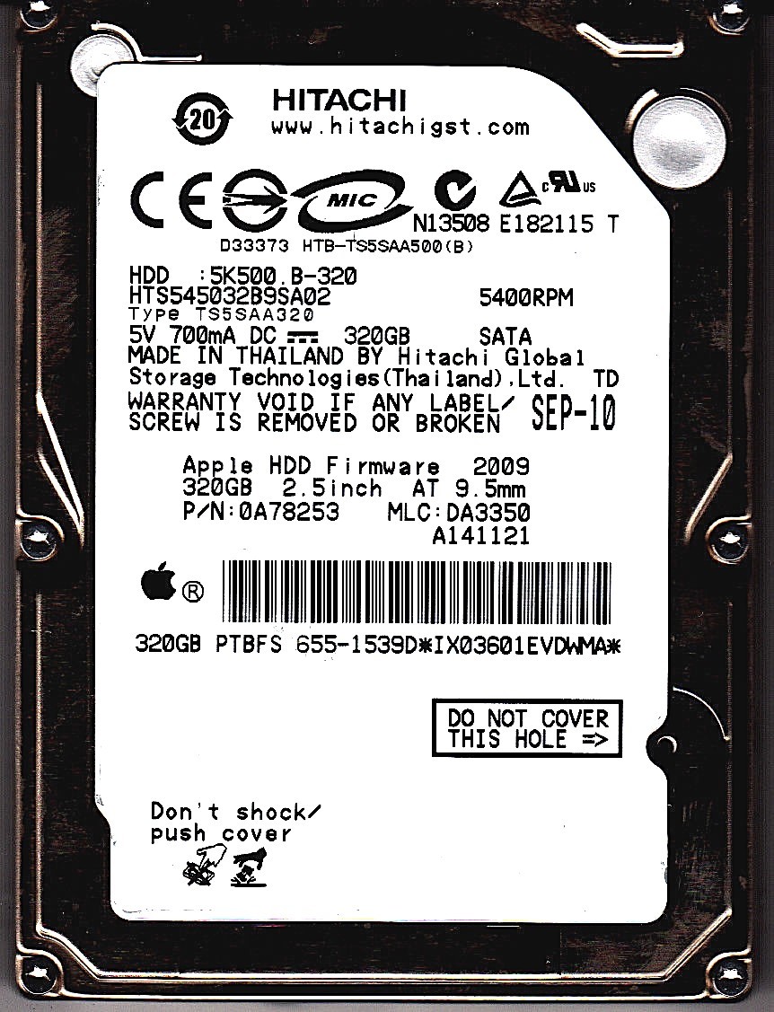 Hitachi HTS545032B9SA02 pn: 0A78253 mlc: DA3350 fw: 2009 320GB SATA 2.5 HDD 7402