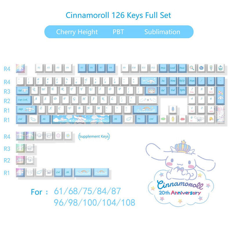 Cartoon Cinnamoroll 20th Anniversary Keycap 126Pcs/Set PBT Sublimation MX Switch