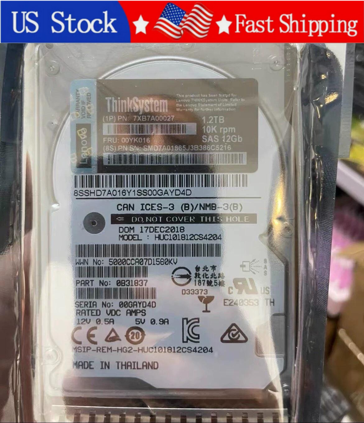 New Lenovo 7XB7A00027 00YK016 1.2TB 10K SAS 12Gb 2.5" HDD Hard Drive