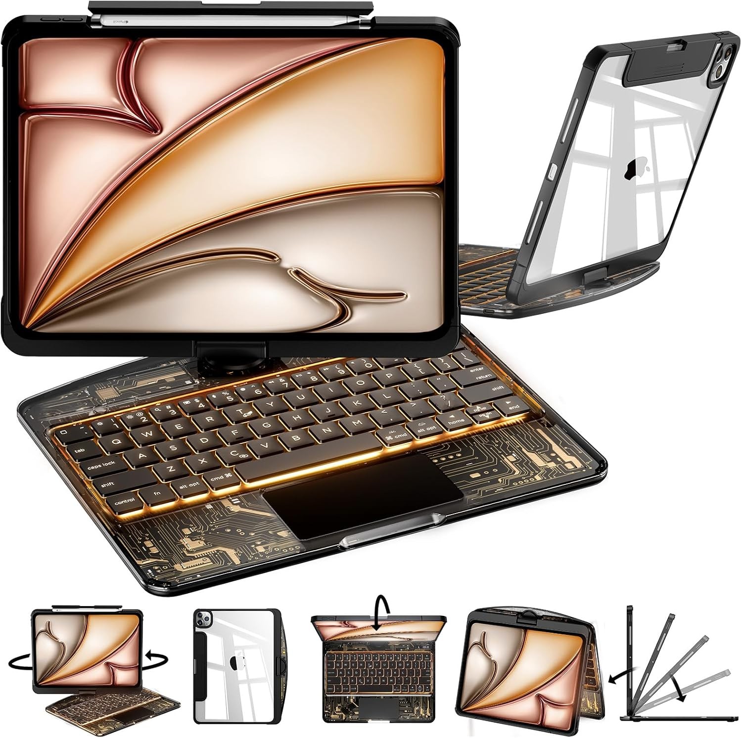 Transparent Keyboard Case for iPad 10th 10.9"&11th A16 11" 360 Rotating Backlit