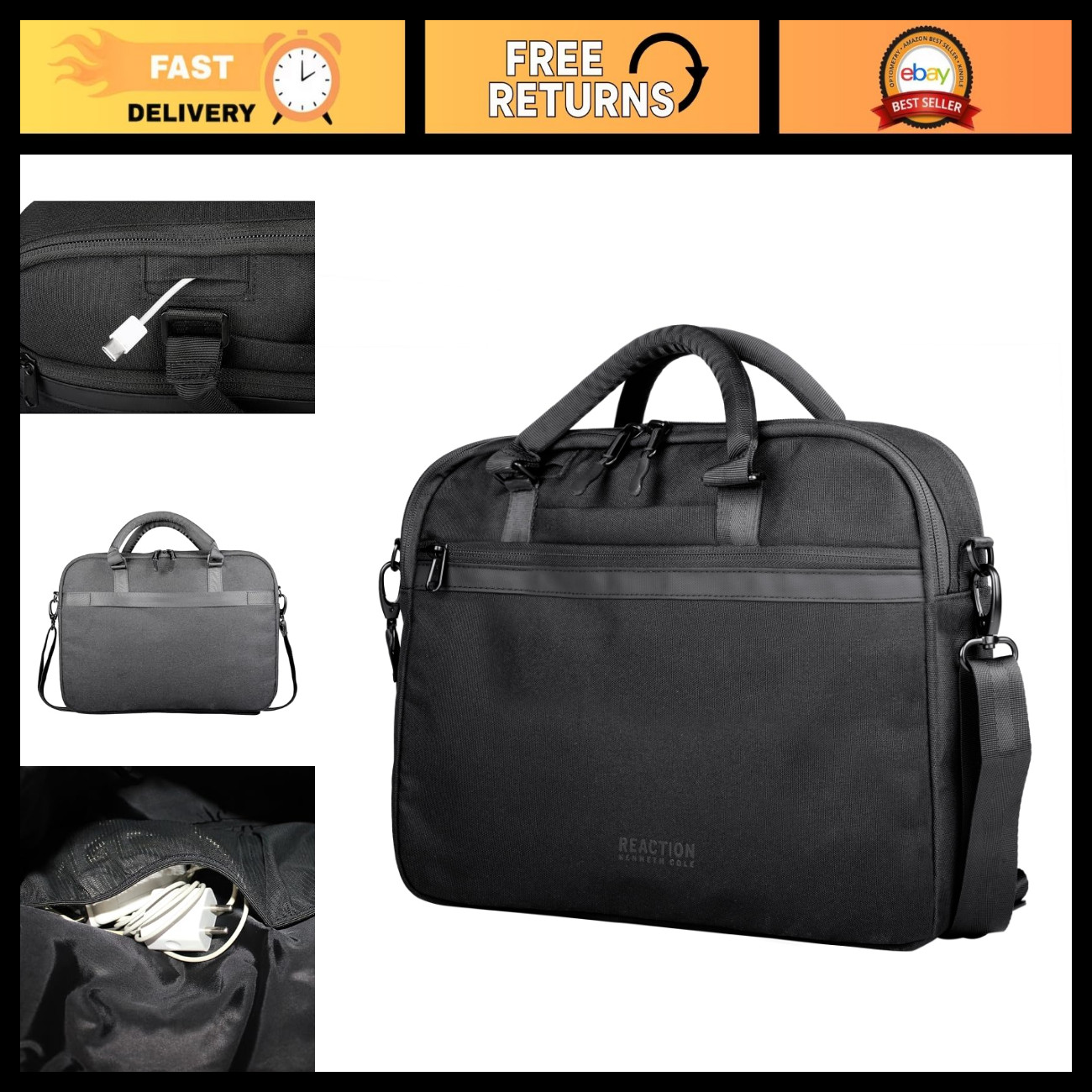 Slim 16" Laptop Business Briefcase, Recycled Polyester, Stylish & Durable, Black