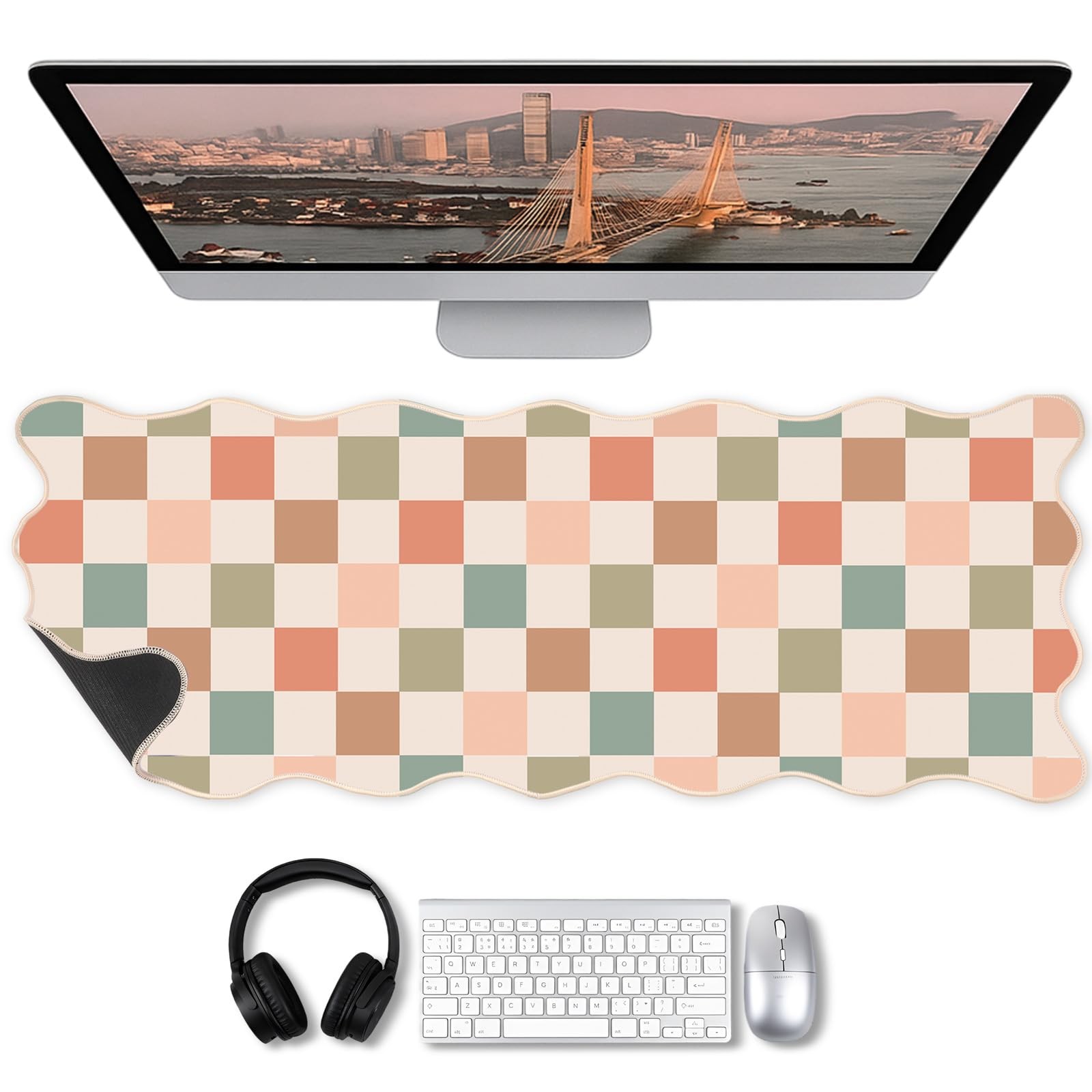 1 Pcs Boho Scalloped Checkered Desk Mat 31.5 x 11.8 Inch Large Cute Mouse Pad...