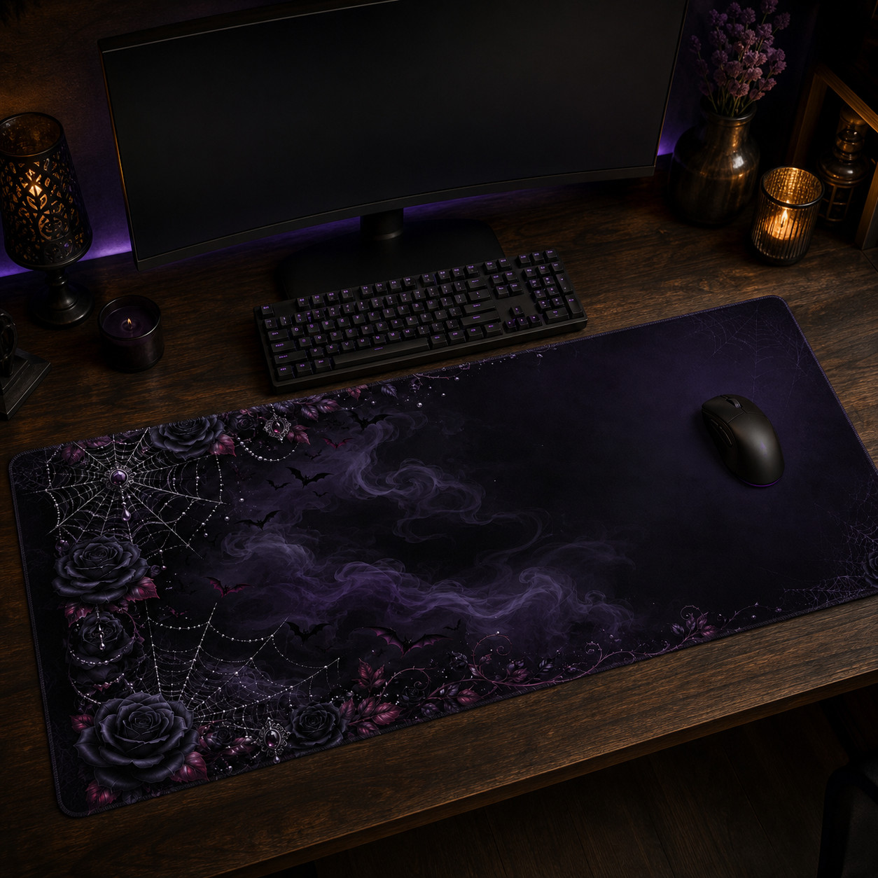 Gothic Purple Rose Bat Spiderweb Desk Mat XL Gaming Mouse Pad 36x18