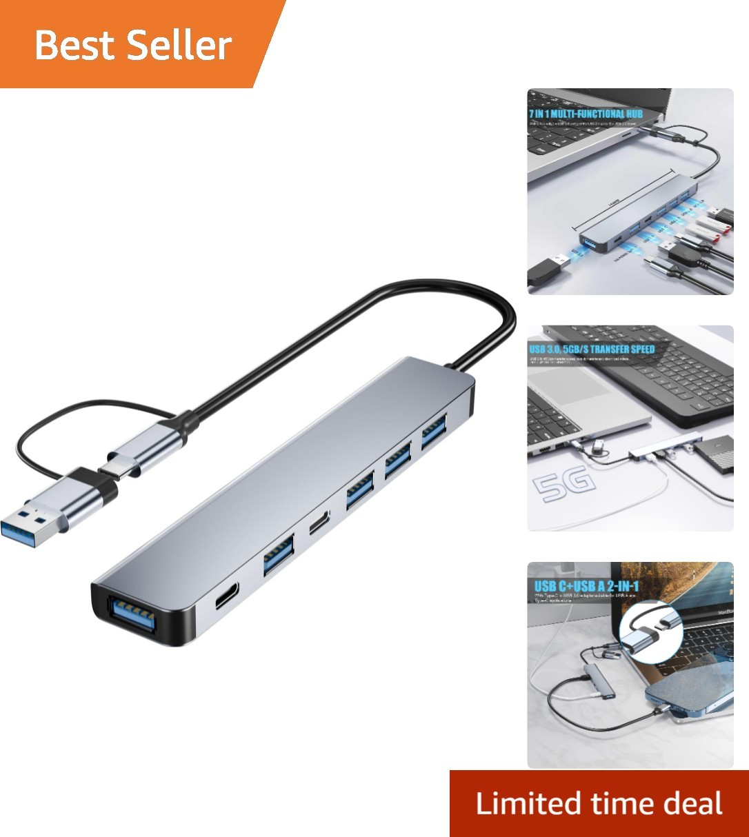Compact 7-in-1 USB C Hub: High-Speed Transfer & Compatibility for Every Device