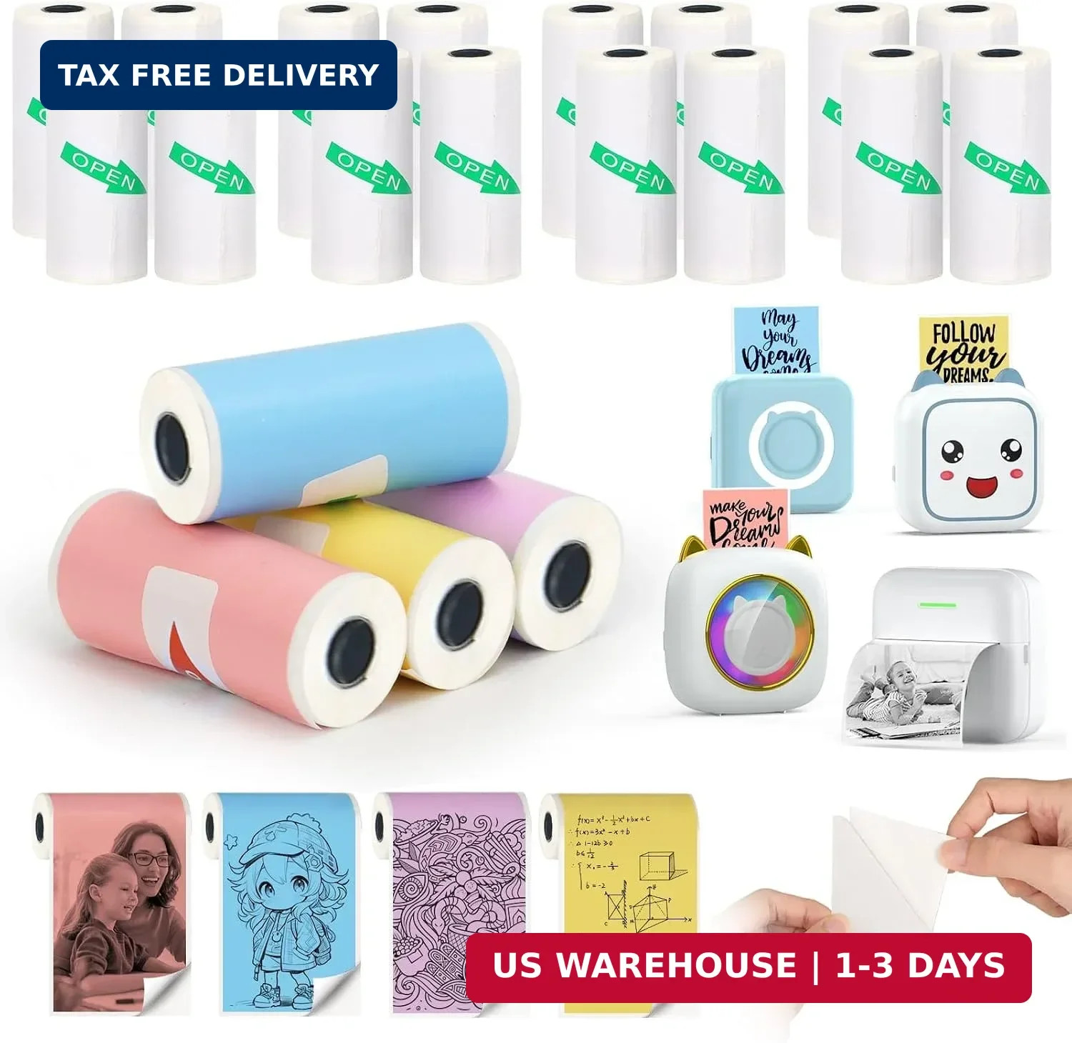 20 Rolls Mini Thermal Sticker Printer Paper 57x25mm Inkless Self-adhesive Paper