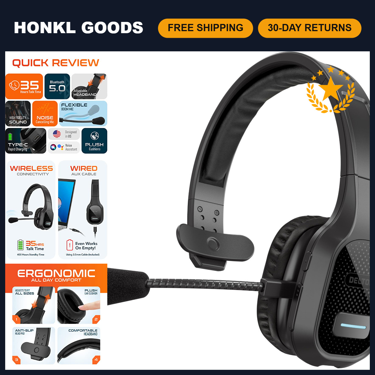 Wireless Bluetooth Computer Headset for Truckers - Noise-Canceling, Hands-Free