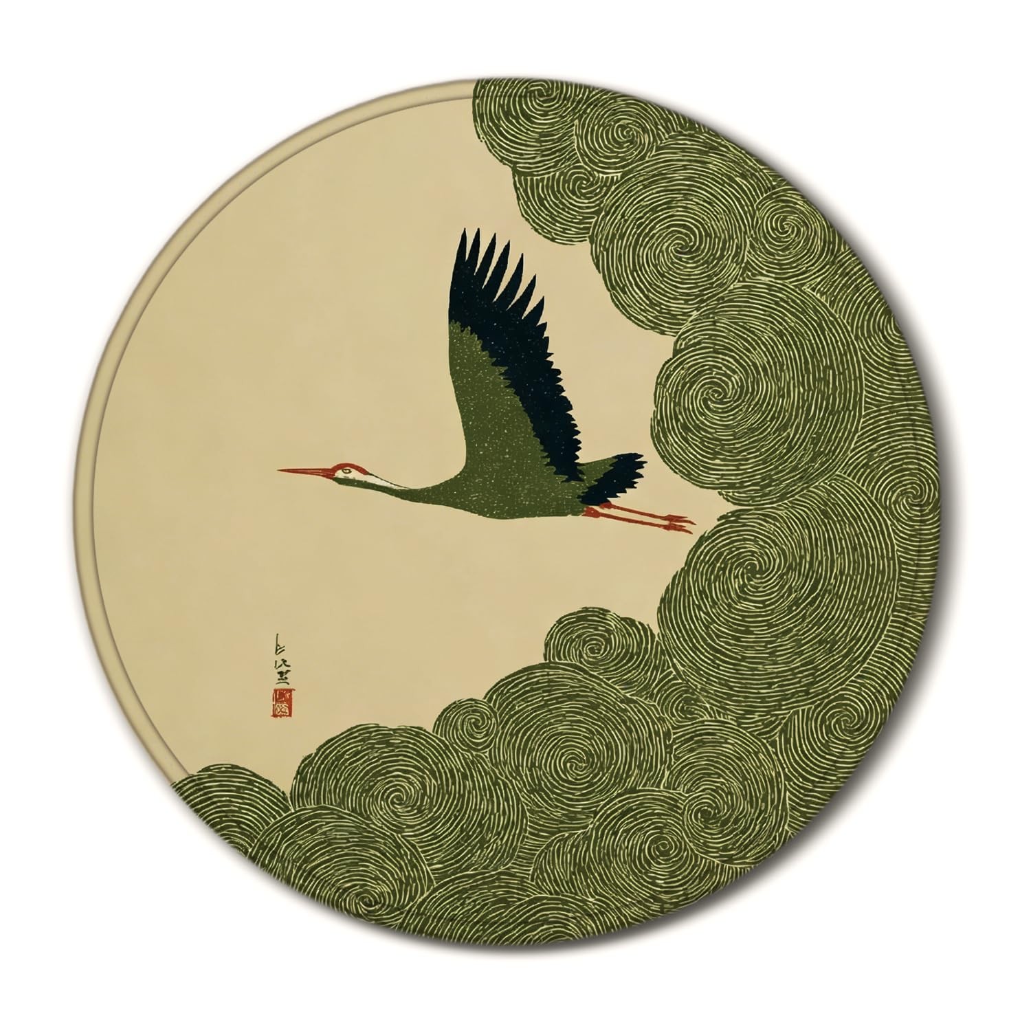 Feronty Japanese Crane Round Mouse Pad, Vintage Asian Heron Bird Mouse Pads D...