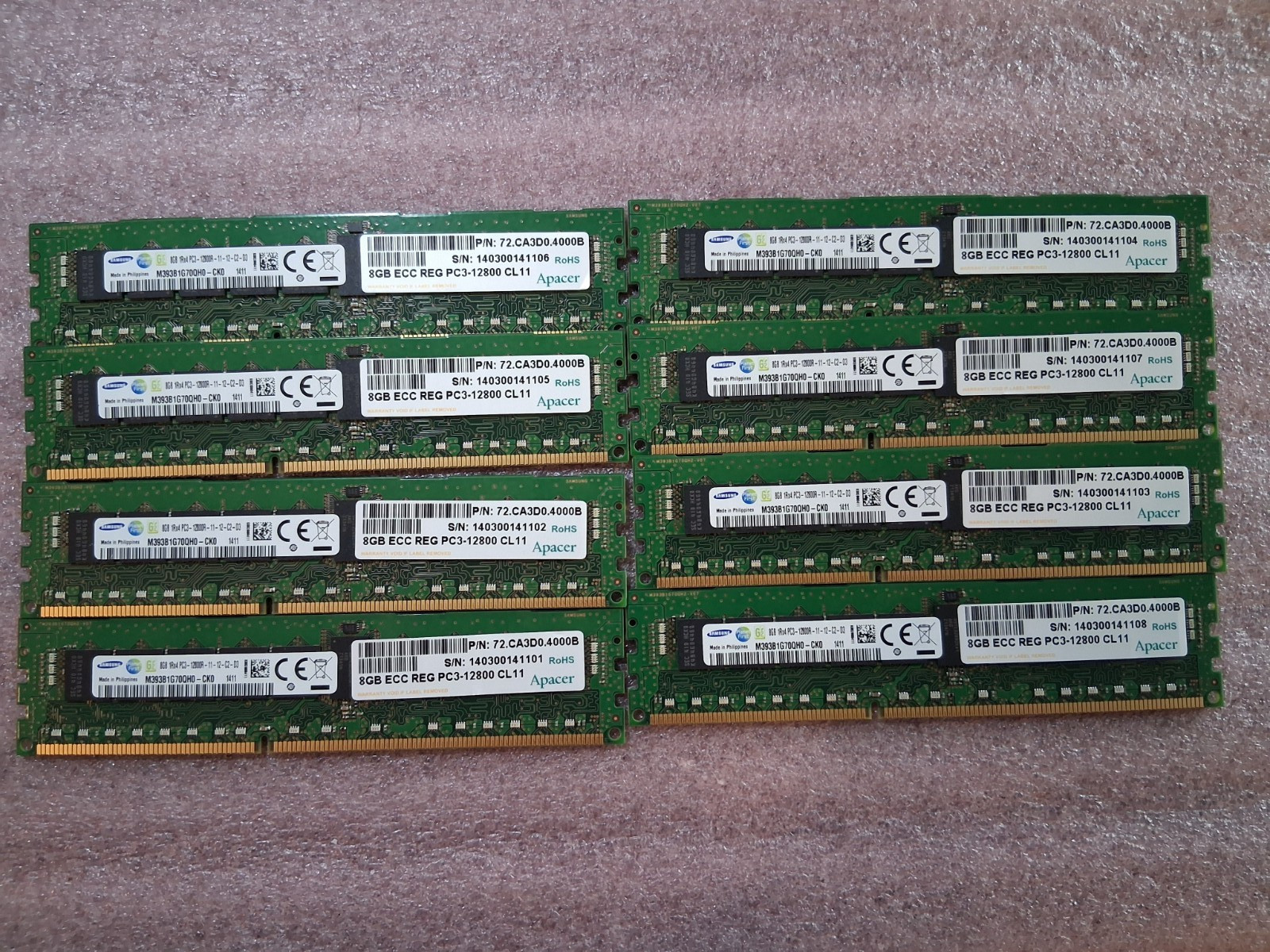 Lot of 8-  Samsung 8GB 1RX4 PC3-12800R DDR3 Server Memory, M393B1G70QH0-CK0