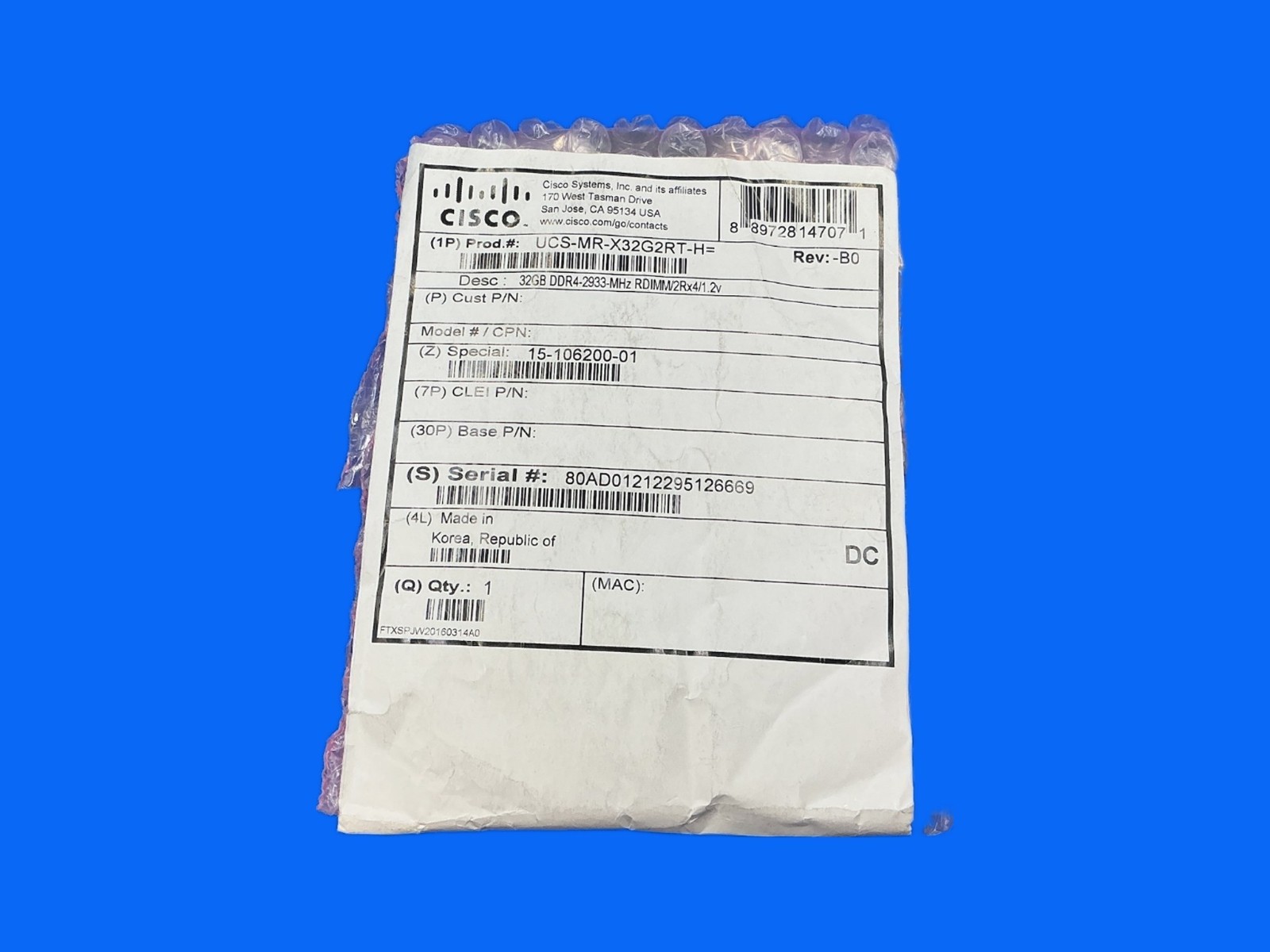 UCS-MR-X32G2RT-H CISCO 32GB (1X32GB) 2RX4 PC4-2933Y MEMORY HMA84GR7DJR4N-WM