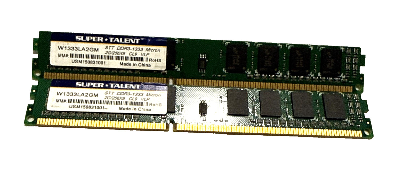 Lot of 2x Super Talent DDR3-2GB PC10600 1333MHz ECC No-Registered PN: W1333LA2GM