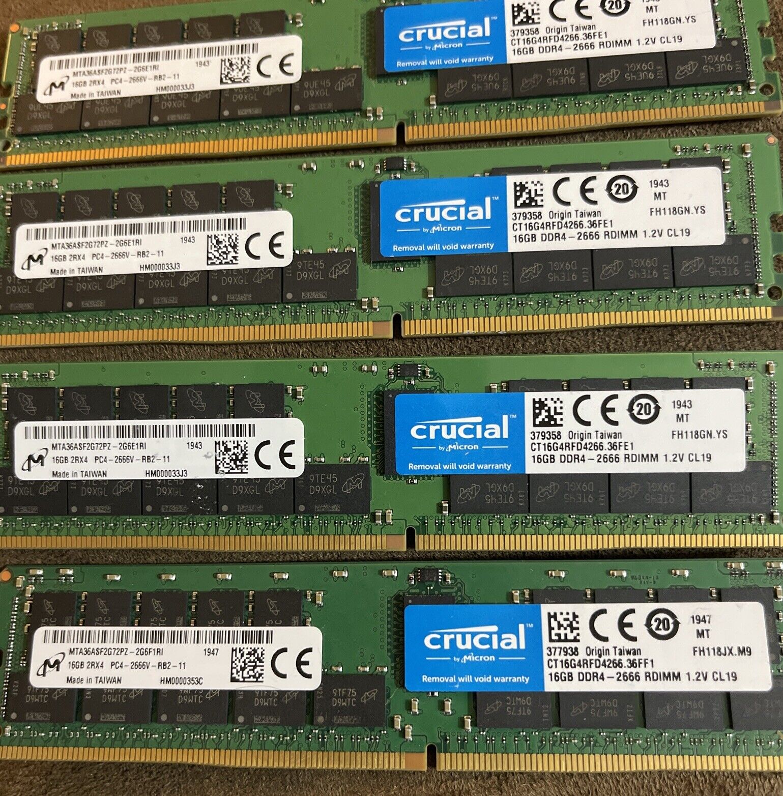 LOT OF 4 Micron/Crucial 16GB 2RX4 PC4-2666V-RB2-11 ECC REG SERVER MEMORY