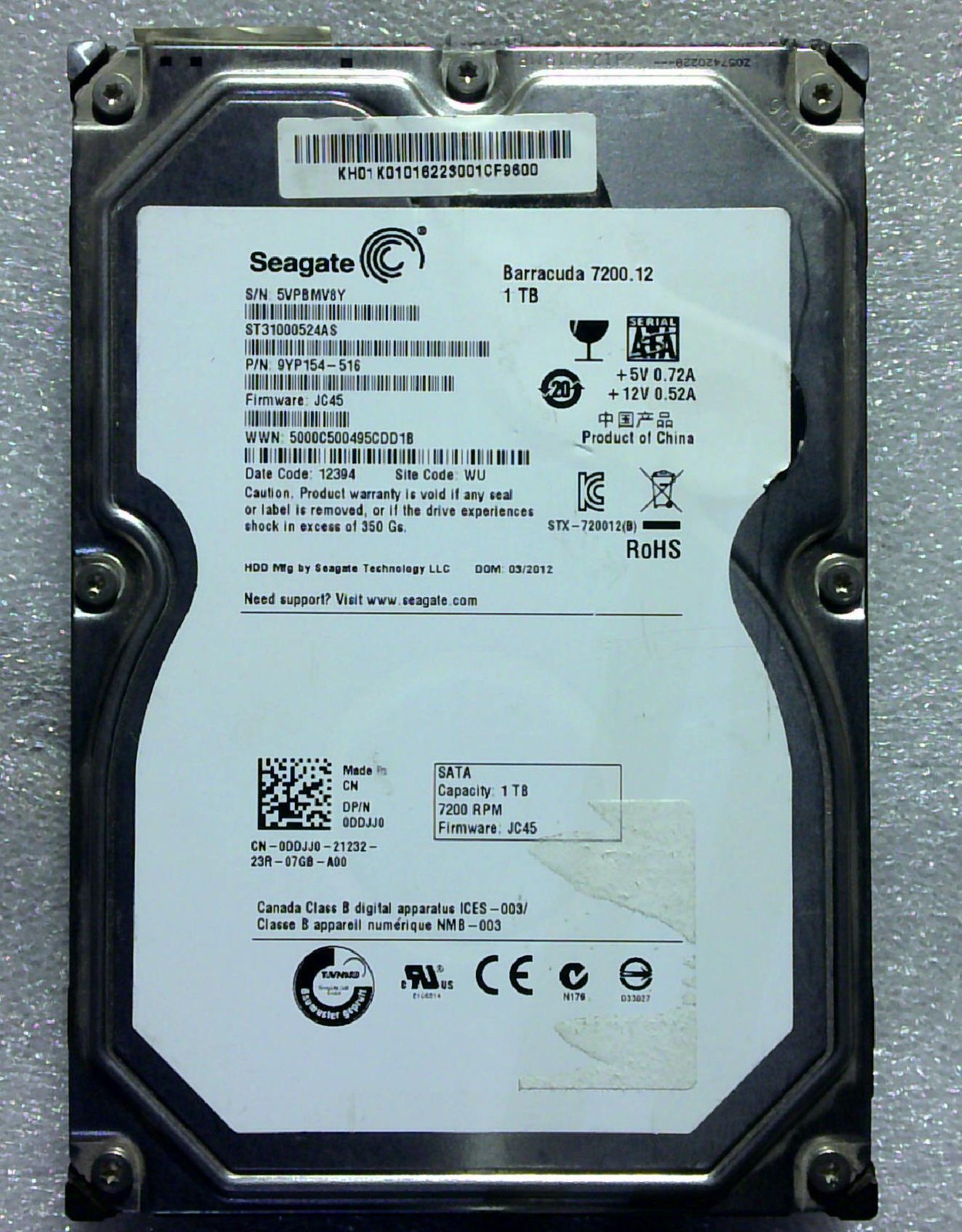 Seagate F3 - ST31000524AS - 1TB - 9YP154-516 - 58 01 - SN: 5VPBMV8Y