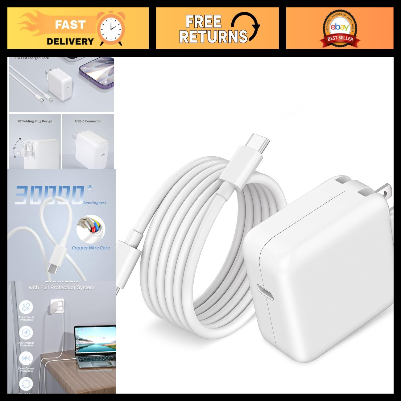 30W USB-C Power Adapter & 10FT Cable, Fast Charger for MacBook Air & iPhone 17 P