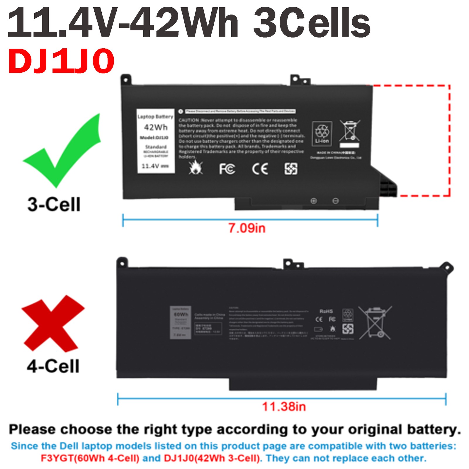 LOT DJ1J0 Battery For Dell Latitude 12 7280 7290 13 7380 7390 14 7480 7490 Serie