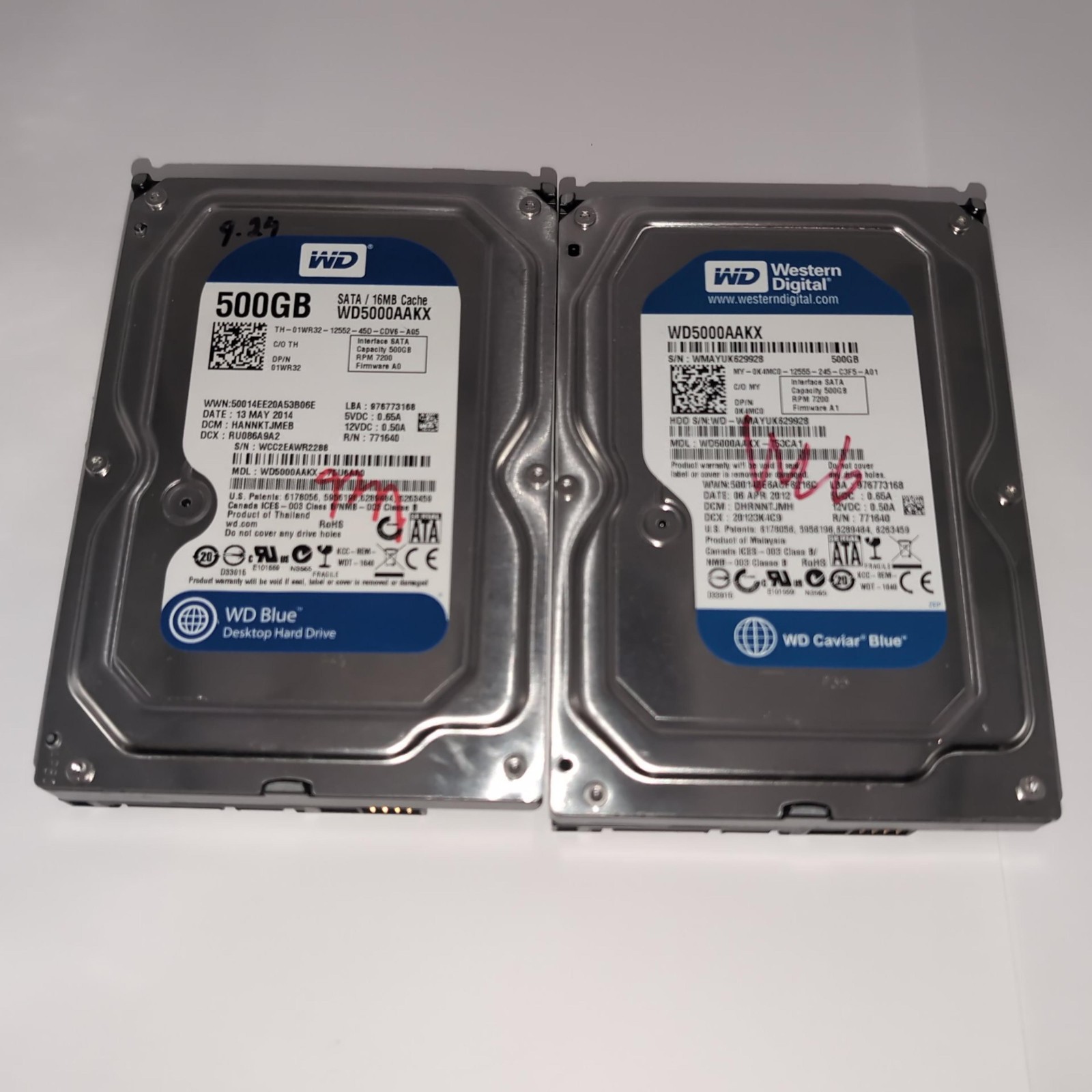 Lot of 2 Western Digital WD Caviar Blue 500GB 3.5" SATA 7200RPM 16MB Cache HDD