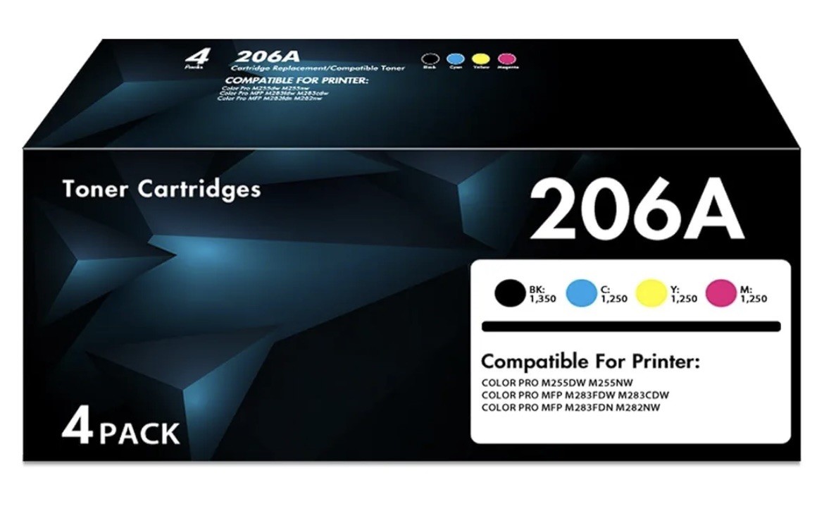 206A Toner Cartridges 4 Pack with Chip M283fdw High Yield, 206A-B/C/Y/M Color