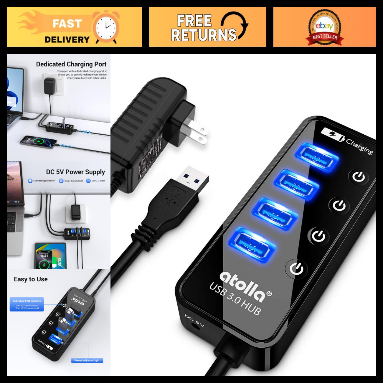 4-Port USB 3.0 Hub with Charging Ports & Individual Switches - High-Speed Data T