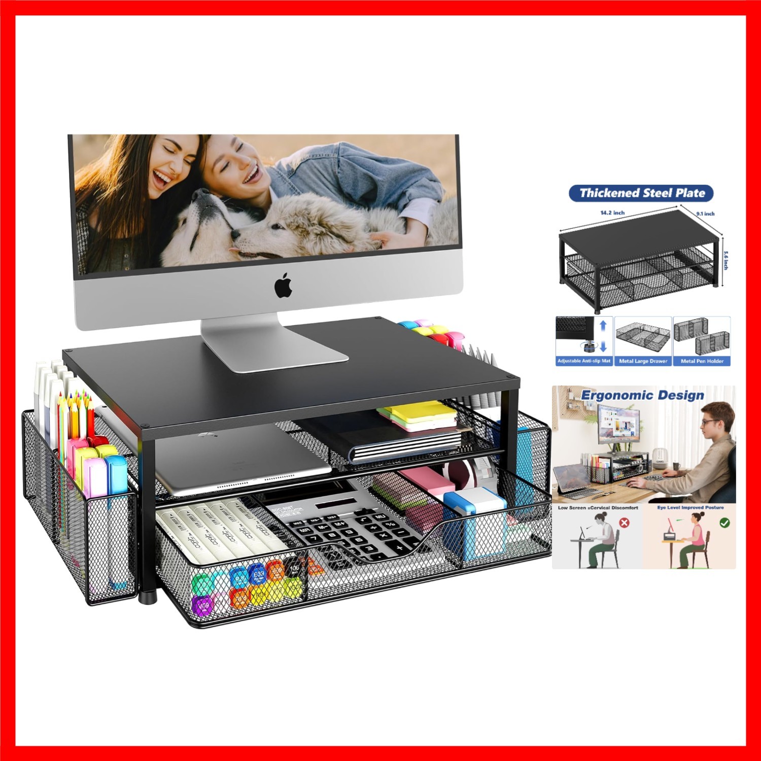 Desk Organizer and Accessories, 2-Tier Riser with Drawer and 2 Pen Holders, L...