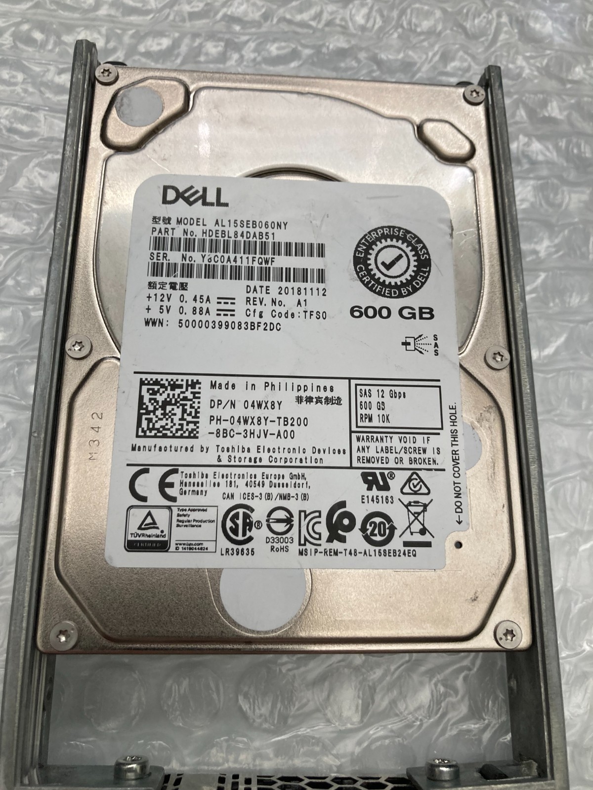 Dell / Toshiba 4WX8Y 600GB 10K 12GB 2.5" SAS Hard Drive AL15SEB060NY 100% Health
