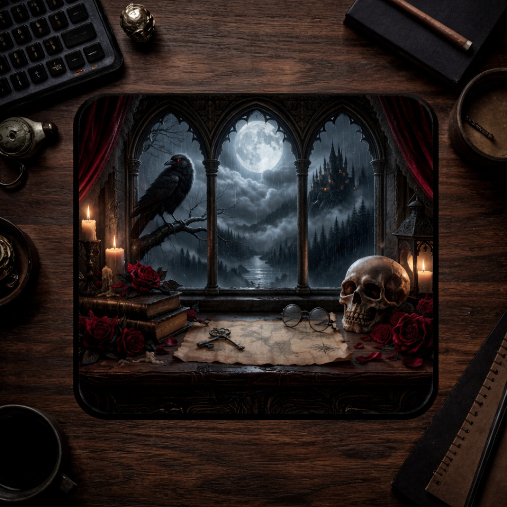 Gothic Dark Academia Mousepad - Skull, Raven, and Haunted Castle Design