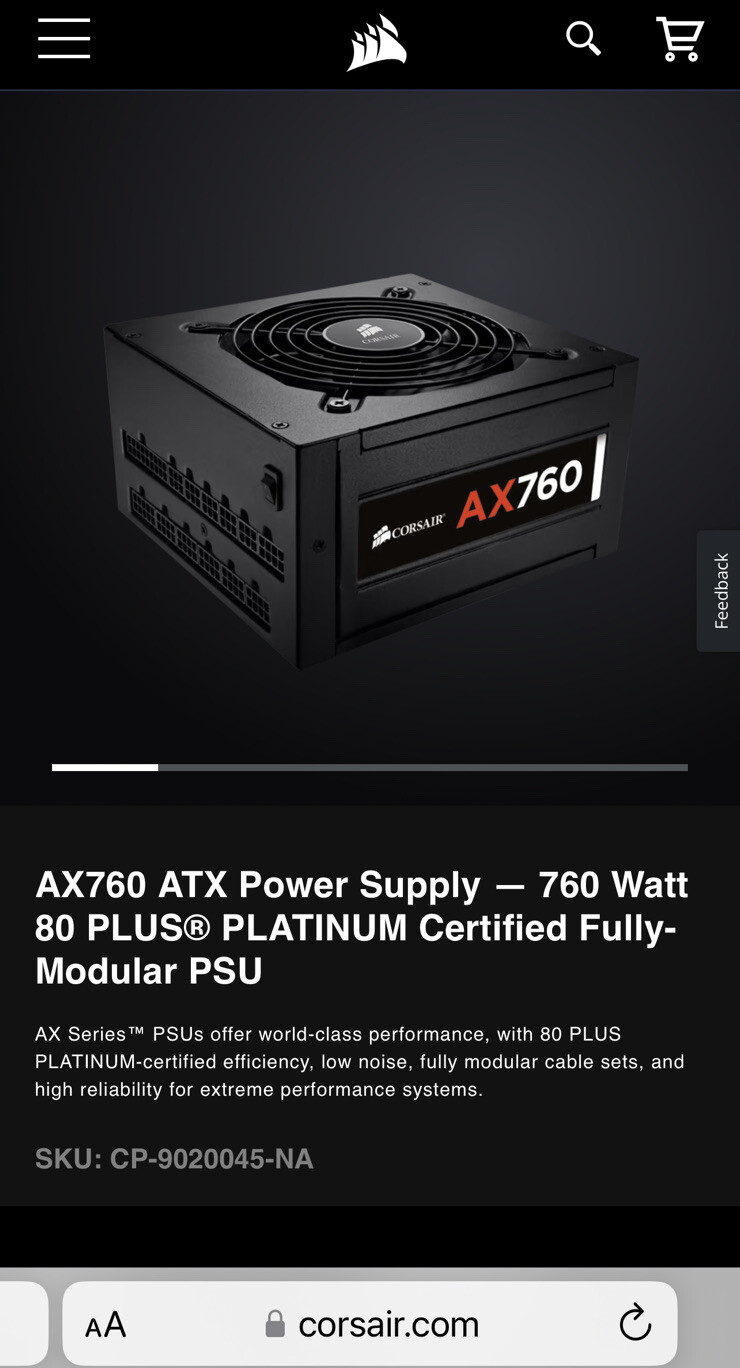 Corsair AX760 760 Watt 750 ATX 80+ Plus Platinum Fully Modular Power Supply PSU
