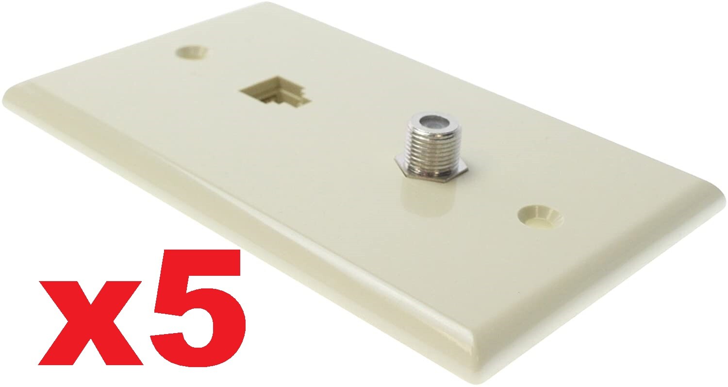 QTY 5 Leviton Ivory Phone Jack & TV Cable Coax wall Plate 40959-I New (Lot of 5)