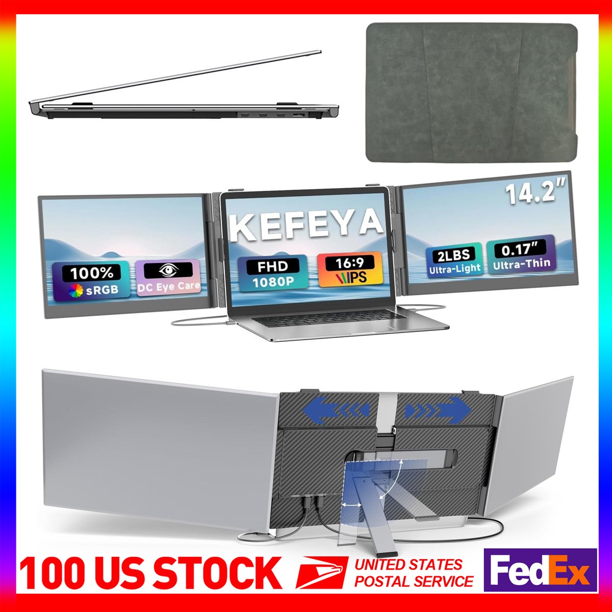 14.2" Triple Laptop Screen Extender, 1080P Portable Monitor for 13-17.3" Laptop