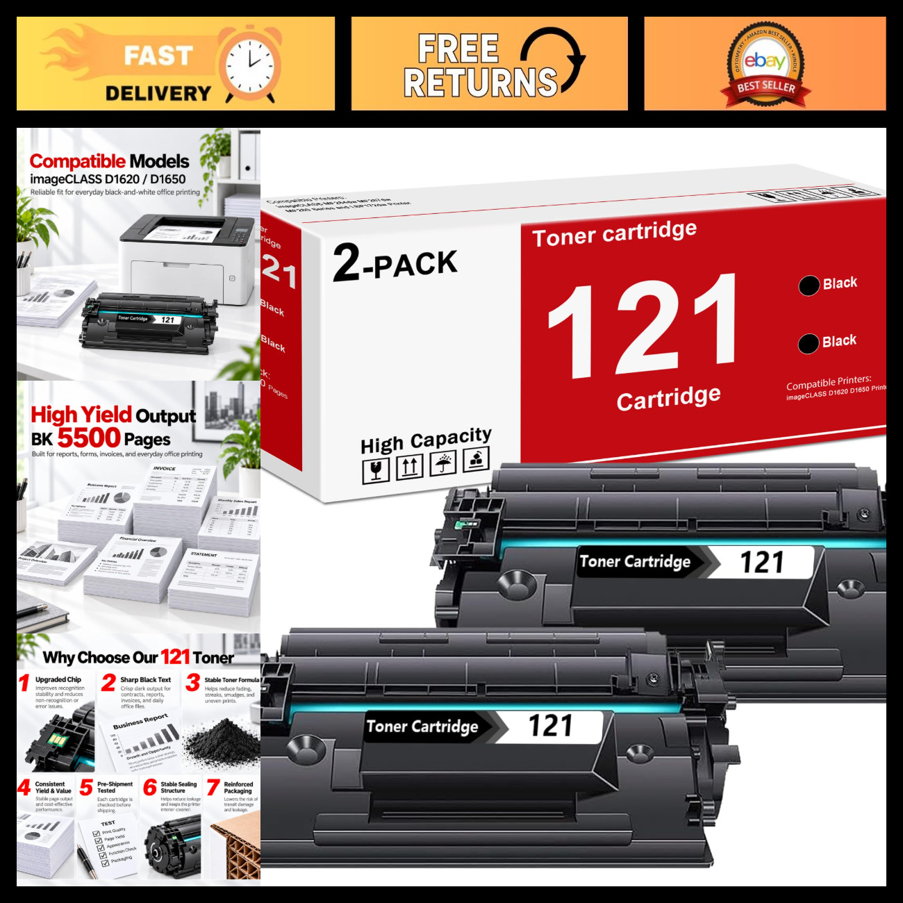 High Yield 121 Black Toner Cartridge (2-Pack) Compatible for Canon imageCLASS D1