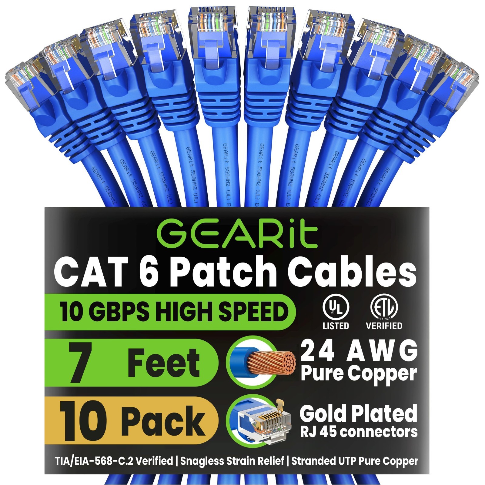 7ft Cat 6 Ethernet Patch Cable - 10 Pack, 10Gbps, Snagless, Gold Plated RJ45